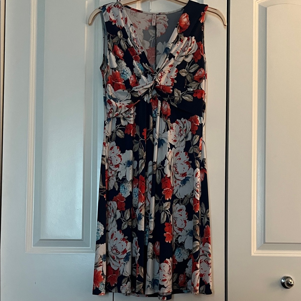 Purple Rain Navy Midi Dress with Red and Cream Floral Print